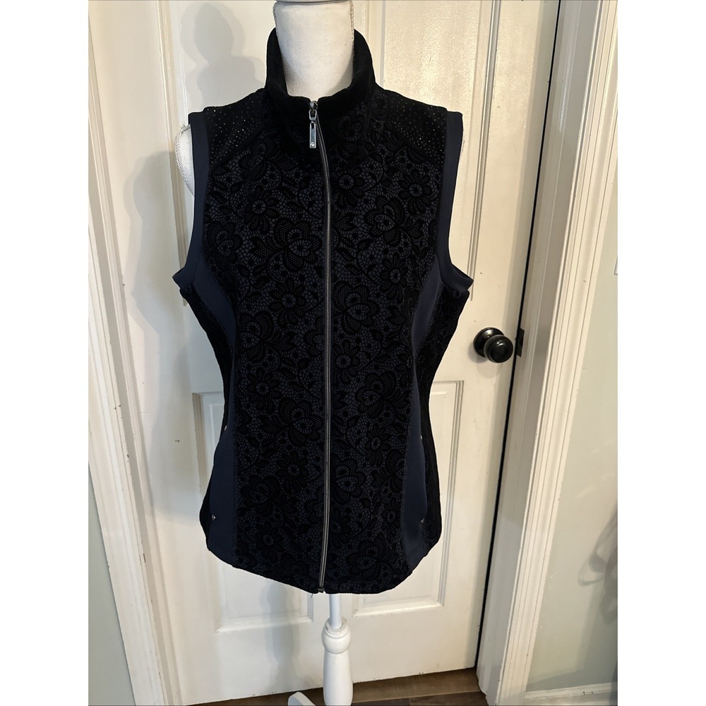 Dolcezza floral lace Overlay Velvet mixed-media vest Rhinestones Stretch Sz L